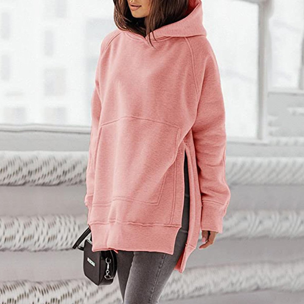 Solid Round Neck Loose Pocket Plush Hoodie for Women
