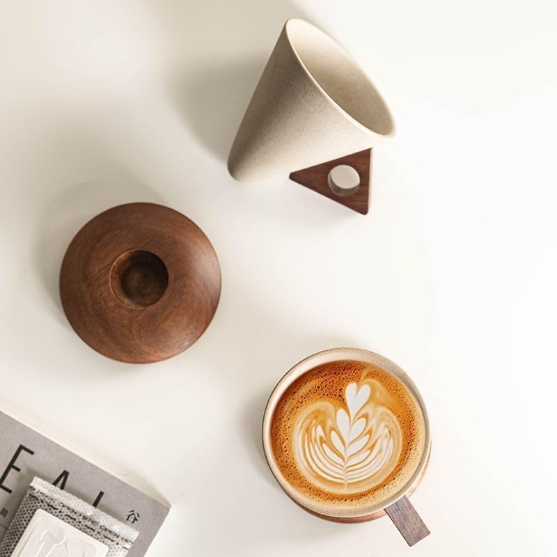 Retro ceramic coffee mug, Creative Cone coffee cup set Unique Ceramic Coffee Tea Cups wood handle and coaster - Suitable for home, restaurant, party and office use 8.45floz