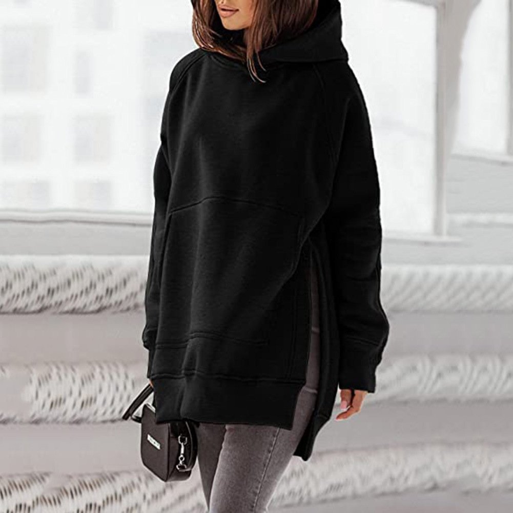 Solid Round Neck Loose Pocket Plush Hoodie for Women