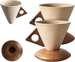 Retro ceramic coffee mug, Creative Cone coffee cup set Unique Ceramic Coffee Tea Cups wood handle and coaster - Suitable for home, restaurant, party and office use 8.45floz
