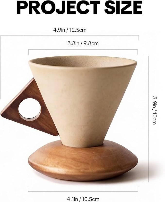 Retro ceramic coffee mug, Creative Cone coffee cup set Unique Ceramic Coffee Tea Cups wood handle and coaster - Suitable for home, restaurant, party and office use 8.45floz