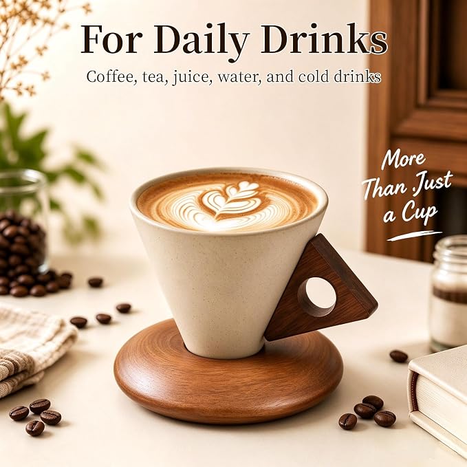 Retro ceramic coffee mug, Creative Cone coffee cup set Unique Ceramic Coffee Tea Cups wood handle and coaster - Suitable for home, restaurant, party and office use 8.45floz