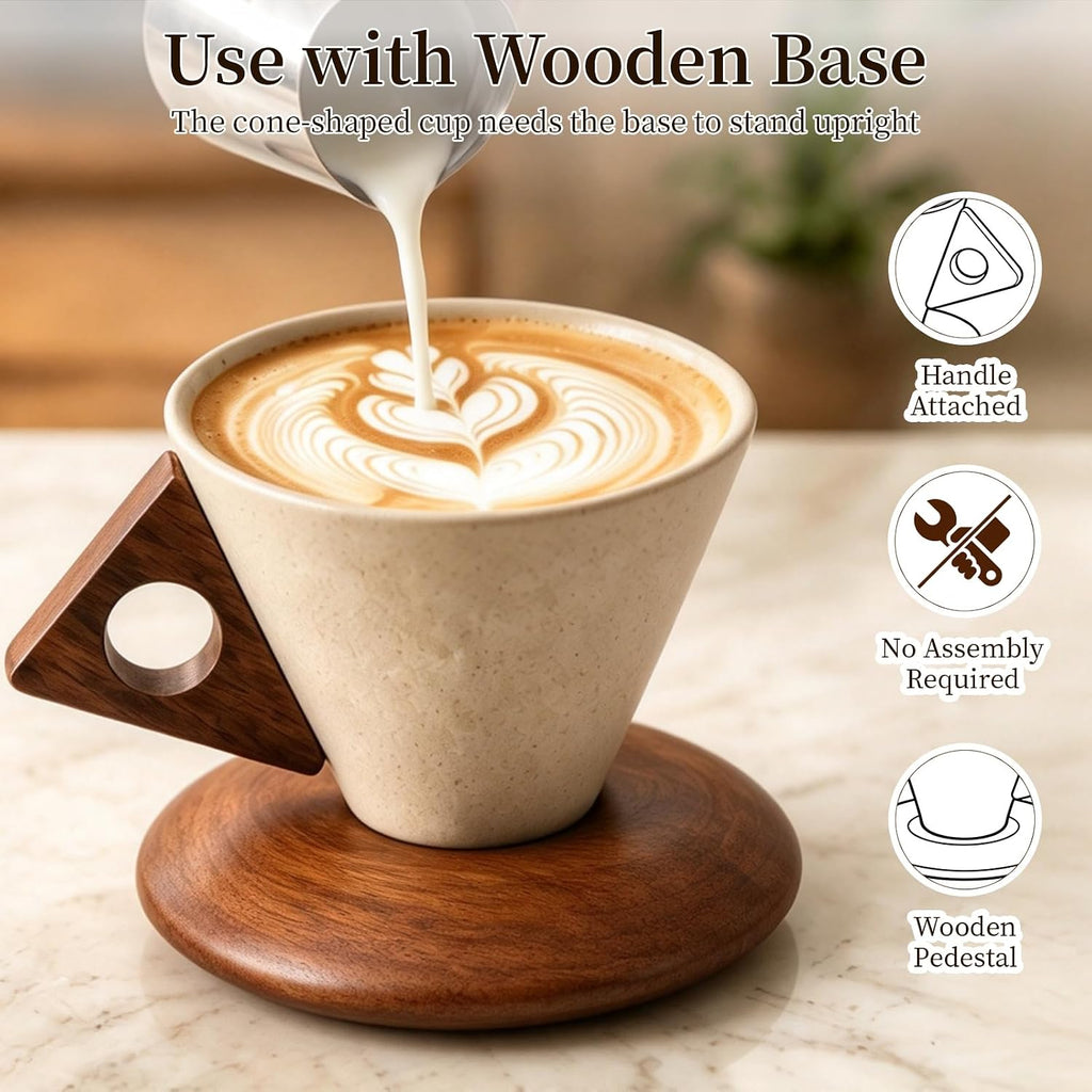 Retro ceramic coffee mug, Creative Cone coffee cup set Unique Ceramic Coffee Tea Cups wood handle and coaster - Suitable for home, restaurant, party and office use 8.45floz