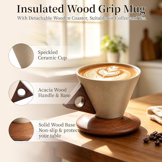 Retro ceramic coffee mug, Creative Cone coffee cup set Unique Ceramic Coffee Tea Cups wood handle and coaster - Suitable for home, restaurant, party and office use 8.45floz