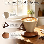 Retro ceramic coffee mug, Creative Cone coffee cup set Unique Ceramic Coffee Tea Cups wood handle and coaster - Suitable for home, restaurant, party and office use 8.45floz