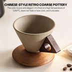 Retro ceramic coffee mug, Creative Cone coffee cup set Unique Ceramic Coffee Tea Cups wood handle and coaster - Suitable for home, restaurant, party and office use 8.45floz