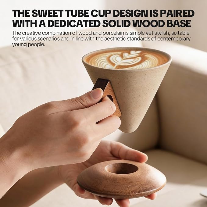 Retro ceramic coffee mug, Creative Cone coffee cup set Unique Ceramic Coffee Tea Cups wood handle and coaster - Suitable for home, restaurant, party and office use 8.45floz