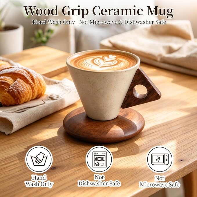 Retro ceramic coffee mug, Creative Cone coffee cup set Unique Ceramic Coffee Tea Cups wood handle and coaster - Suitable for home, restaurant, party and office use 8.45floz