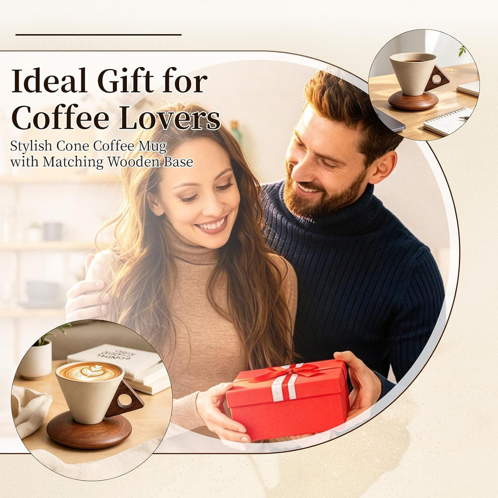Retro ceramic coffee mug, Creative Cone coffee cup set Unique Ceramic Coffee Tea Cups wood handle and coaster - Suitable for home, restaurant, party and office use 8.45floz