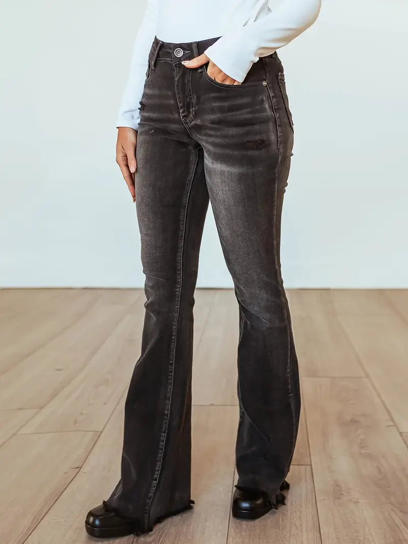High Rise Water Ripple Bootcut Jeans in Washed Grey