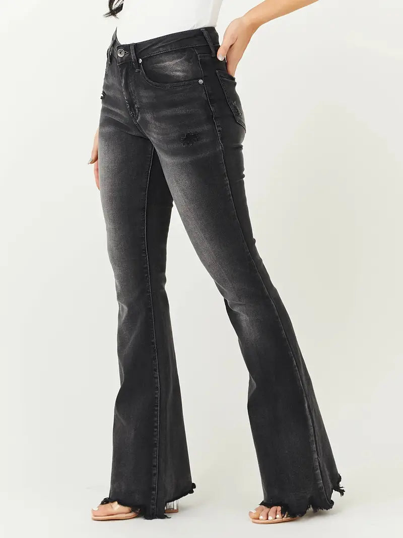 High Rise Water Ripple Bootcut Jeans in Washed Grey