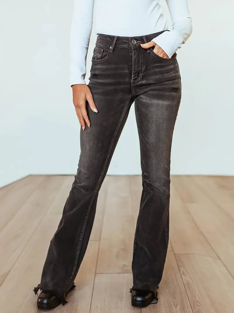 High Rise Water Ripple Bootcut Jeans in Washed Grey