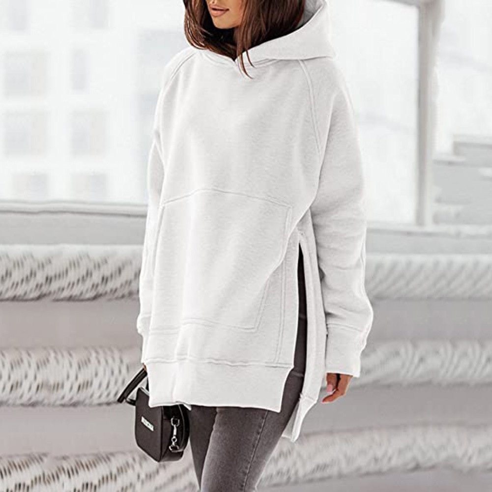Solid Round Neck Loose Pocket Plush Hoodie for Women