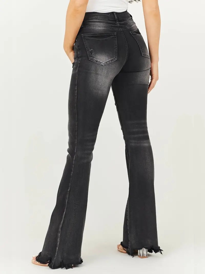 High Rise Water Ripple Bootcut Jeans in Washed Grey