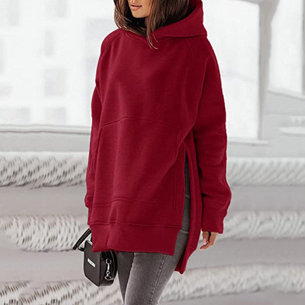 Solid Round Neck Loose Pocket Plush Hoodie for Women