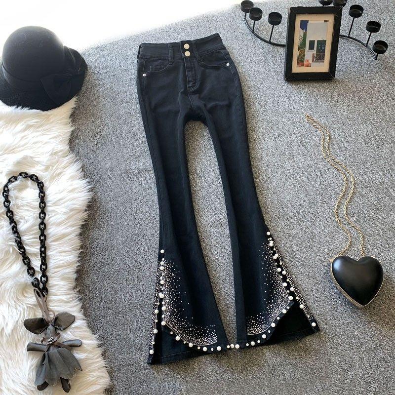 High Waist Slimming Flared Trousers with Beads