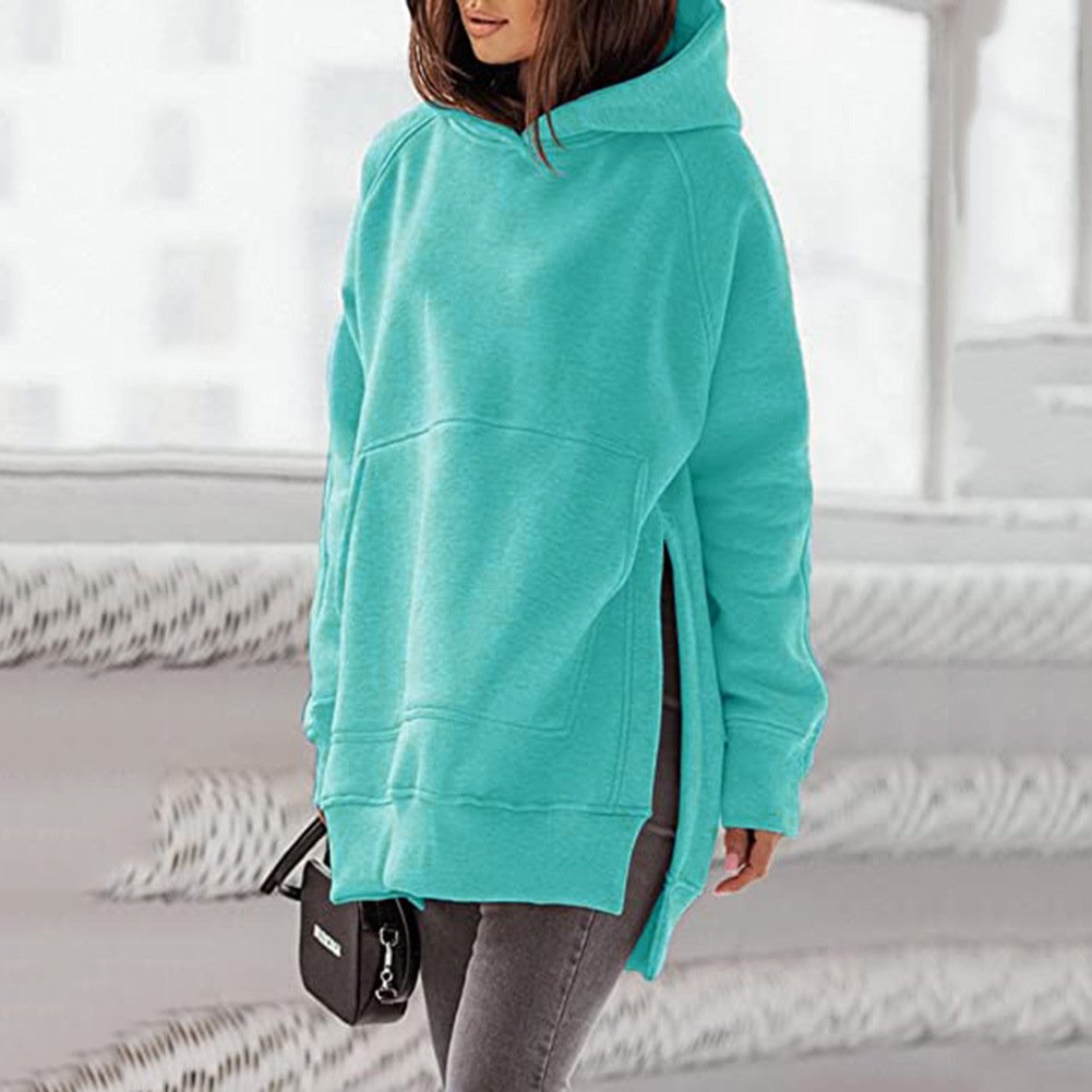 Solid Round Neck Loose Pocket Plush Hoodie for Women