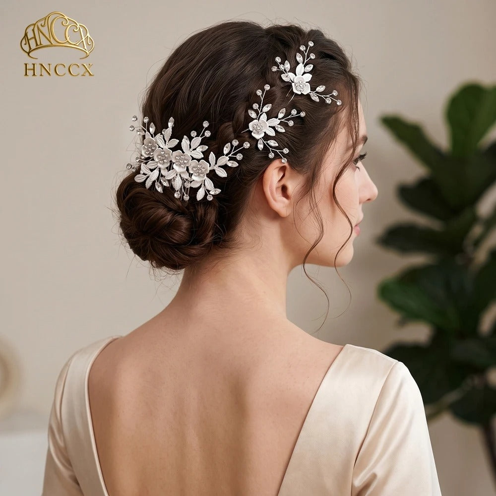 Alloy Flower Leaf Hair Comb Set Sparkling Rhinestone Hair Fork , Hair Accessories