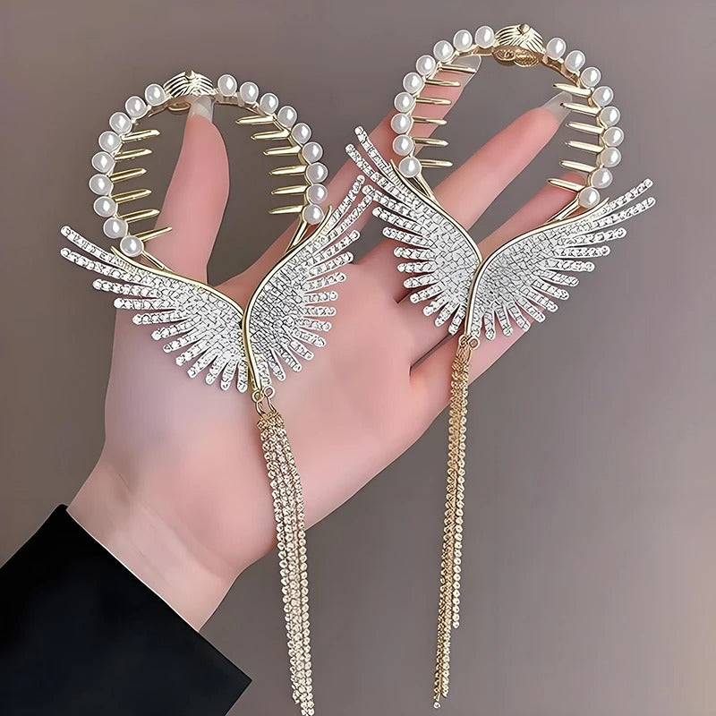 Luxury Angel Wings Hair Clip with Gold Tassel, Sparkly Bun Hair Clip and Butterfly Clip