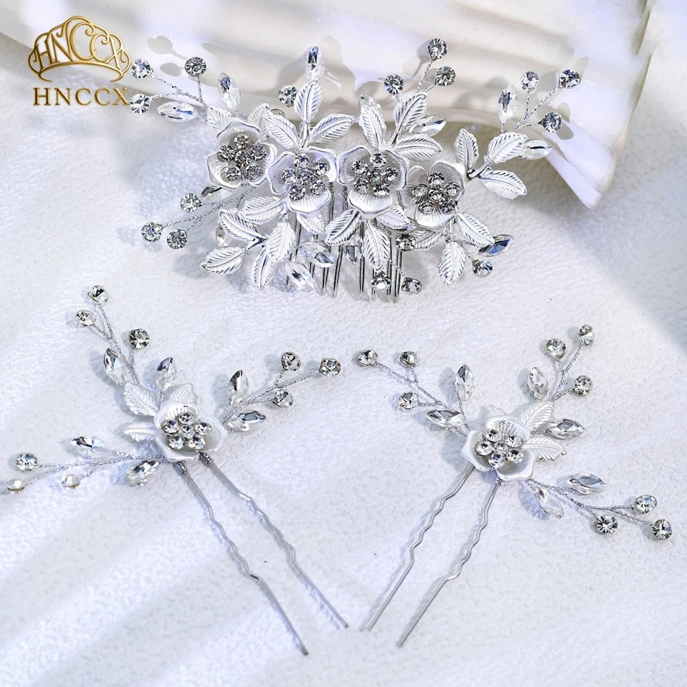Alloy Flower Leaf Hair Comb Set Sparkling Rhinestone Hair Fork , Hair Accessories