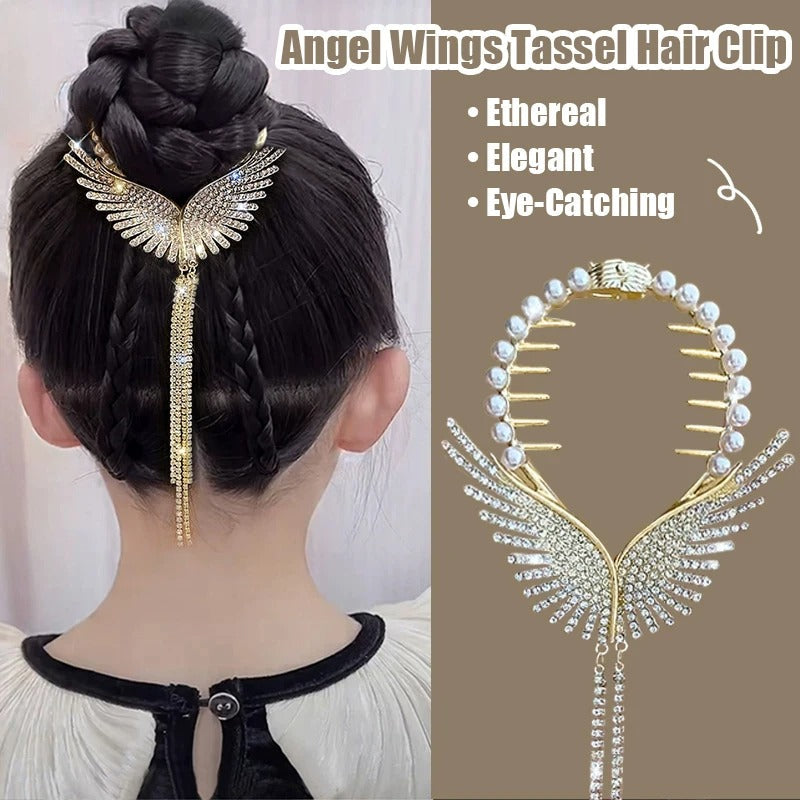 Luxury Angel Wings Hair Clip with Gold Tassel, Sparkly Bun Hair Clip and Butterfly Clip