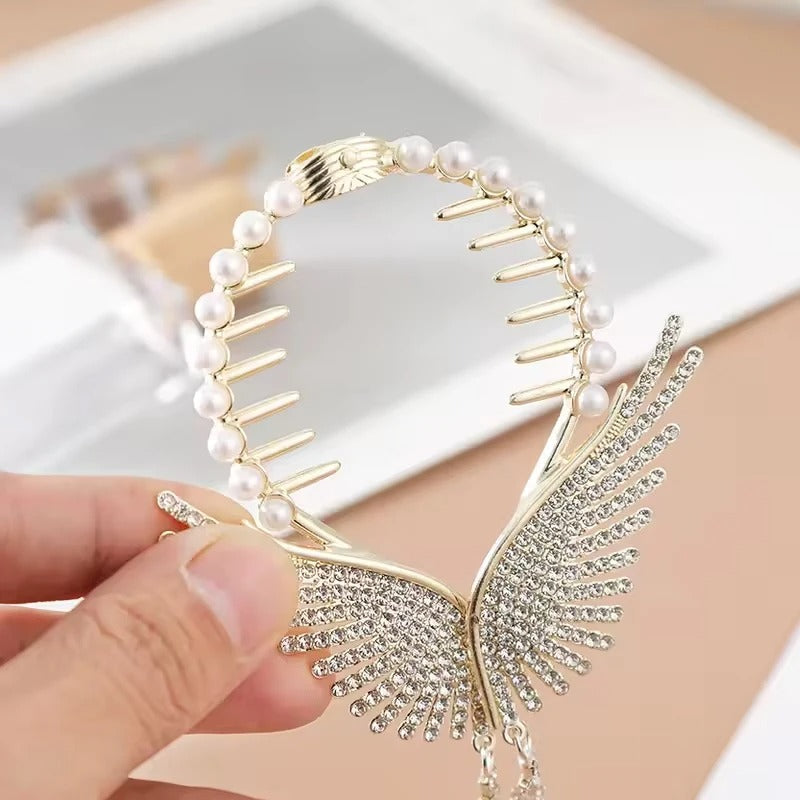 Luxury Angel Wings Hair Clip with Gold Tassel, Sparkly Bun Hair Clip and Butterfly Clip