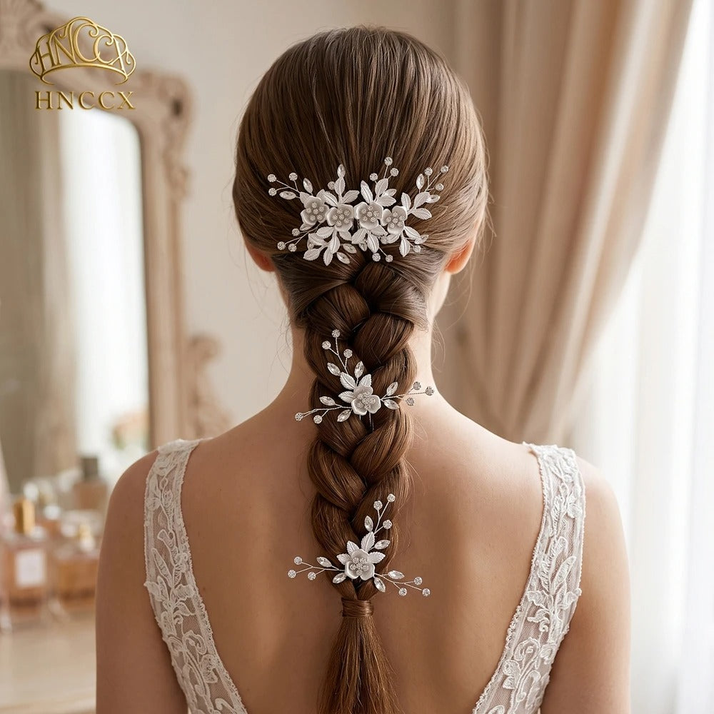 Alloy Flower Leaf Hair Comb Set Sparkling Rhinestone Hair Fork , Hair Accessories