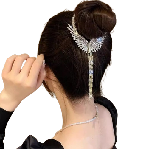 Luxury Angel Wings Hair Clip with Gold Tassel, Sparkly Bun Hair Clip and Butterfly Clip