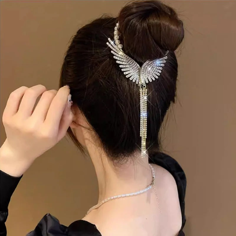 Luxury Angel Wings Hair Clip with Gold Tassel, Sparkly Bun Hair Clip and Butterfly Clip