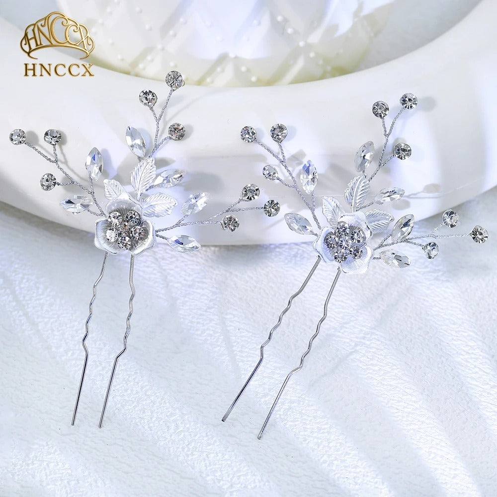 Alloy Flower Leaf Hair Comb Set Sparkling Rhinestone Hair Fork , Hair Accessories
