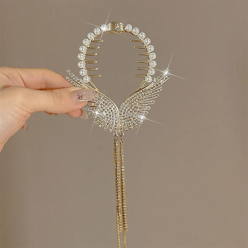 Luxury Angel Wings Hair Clip with Gold Tassel, Sparkly Bun Hair Clip and Butterfly Clip